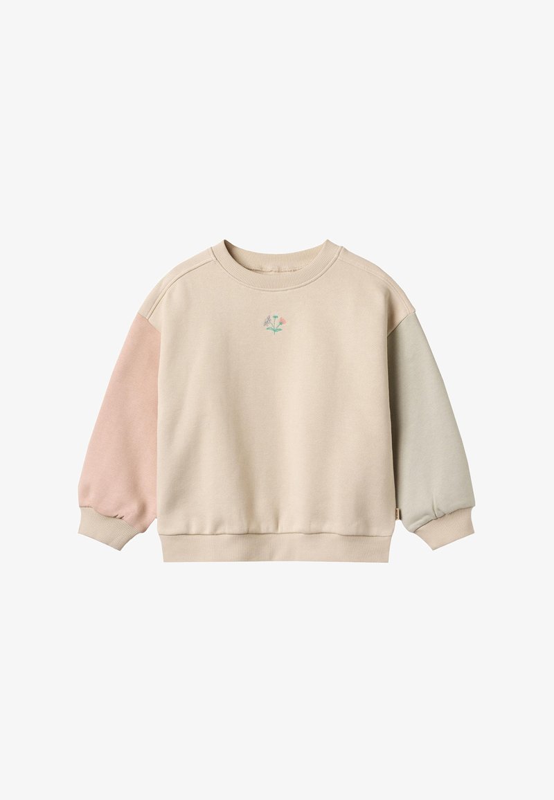 Sweatshirt beige clair avec manches bicolores rose et vert, poignets et ourlet côtelés, orné d'une broderie florale au centre.