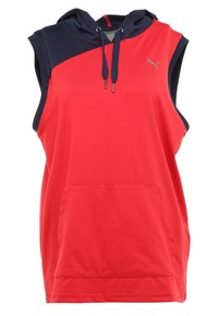 Ærmeløs rød hoodie med navyblå hætte og skulderdetaljer, frontlomme og lille Puma-logo på brystet.