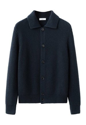 Marinblå ribbad stickad kofta med krage, knapplig framtill och långa ärmar. Texturerat tyg med något lös passform och enfärgad.