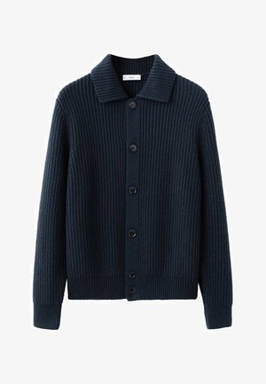 Marinblå ribbad stickad kofta med krage, knapplig framtill och långa ärmar. Texturerat tyg med något lös passform och enfärgad.