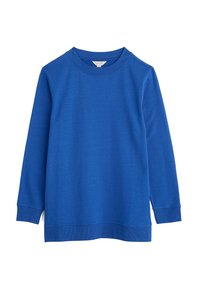 Hosszúujjú pulóver élénk kék anyagból, kerek nyakkivágással és bordázott mandzsettákkal, valamint aljjal a kényelmes illeszkedés érdekében.