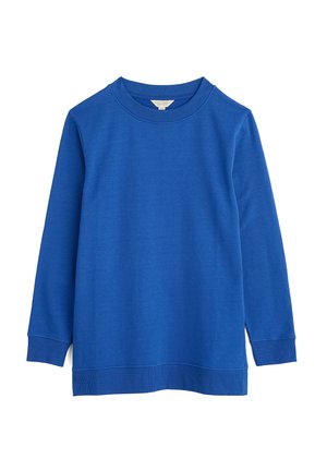 Langærmet sweatshirt i et livligt blåt stof, der har en rund halsudskæring og ribbede manchetter og bund, hvilket giver en behagelig pasform.