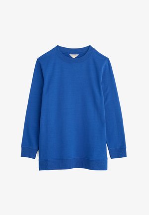 Długi rękaw swetra w intensywnym niebieskim kolorze, z okrągłym dekoltem i ściągaczami przy mankietach oraz u dołu, zapewniającymi wygodne dopasowanie.