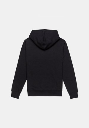 Schwarzer Kapuzenpullover mit glatter Textur, ausgestattet mit einer Kängurutasche und gerippten Bündchen. Die Rückansicht zeigt ein klassisches Design.