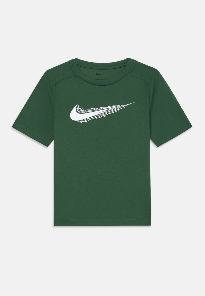 Zielona koszulka Nike z krótkim rękawem, z białym logo w dynamicznym wzorze swoosh. Wykonana z gładkiego, oddychającego materiału.