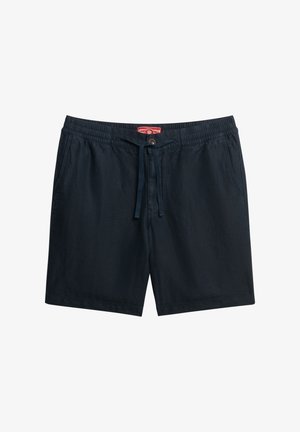 Marineblå shorts lavet af et let stof med elastisk talje, justerbar snor og en enkelt knaplukning foran.