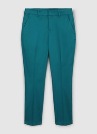 Pantalon sarcelle à coupe droite, avec deux poches avant et des passants pour ceinture. Tissu lisse avec une finition propre et sans motifs visibles.