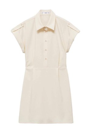 Beige skjortklänning tillverkad av mjukt tyg, med krage, korta ärmar och knappstängning framtill, samt en figurnära midja.