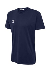 Marineblaues kurzärmeliges Baumwoll-T-Shirt mit Rundhalsausschnitt und kleinem weißem hummel-Logo auf der linken Brust.