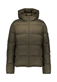 Doudoune vert olive avec capuche, fermeture éclair frontale, deux poches latérales zippées et une poche zippée sur la manche gauche, conçue pour les temps froids.