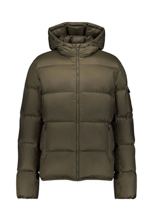 Olivgrüne Steppjacke mit Kapuze, Frontreißverschluss, zwei seitlichen Reißverschlusstaschen und einer Reißverschlusstasche am linken Ärmel, für kaltes Wetter entworfen.