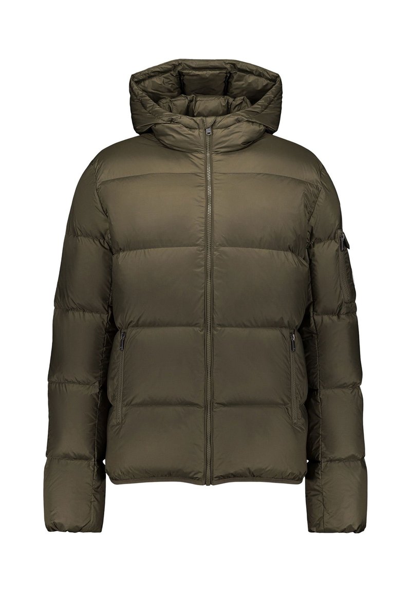 Doudoune vert olive avec capuche, fermeture éclair frontale, deux poches latérales zippées et une poche zippée sur la manche gauche, conçue pour les temps froids.