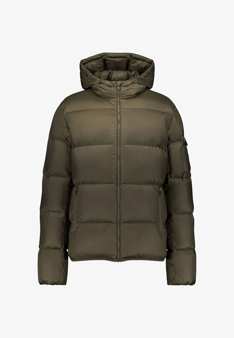 Doudoune vert olive avec capuche, fermeture éclair frontale, deux poches latérales zippées et une poche zippée sur la manche gauche, conçue pour les temps froids.