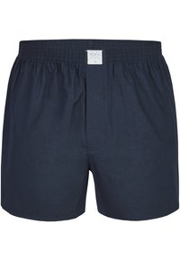 Boxers en coton bleu marine avec une taille élastique, ouverture à l'avant et une étiquette sur la taille. Design et texture simples.