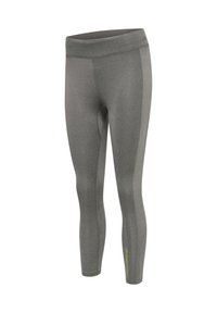 Szare, sportowe legginsy o pełnej długości z wysokim pasem i subtelnym logo w pobliżu dolnej części prawej nogi.