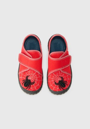 Red fabric shoes with a spider web pattern, featuring an embroidered spider on the toe, adjustable Velcro strap, and black rubber sole.