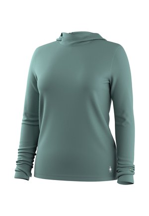 Długi rękaw, turkusowa koszulka z okrągłym dekoltem, z delikatnym marszczeniem na rękawach, małe logo robota przy dolnym brzegu na białym tle.