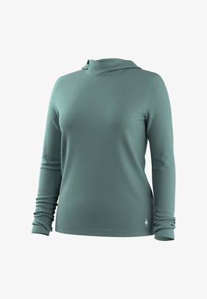 Długi rękaw, turkusowa koszulka z okrągłym dekoltem, z delikatnym marszczeniem na rękawach, małe logo robota przy dolnym brzegu na białym tle.