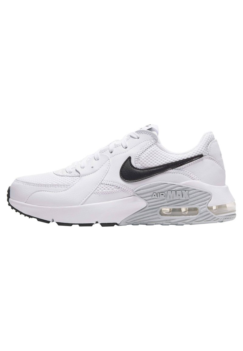 Nike Air Max sneakers in witte mesh en synthetisch materiaal, met een zwarte swoosh, zichtbare luchtgevoelige demping en een gestructureerde rubberen zool.