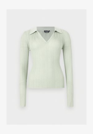 Hele-rohelise soonikkoega pikkade varrukatega kampsun V-kaelusega ja kokkuvolditud kraega, istuva siluetiga, valgel taustal.