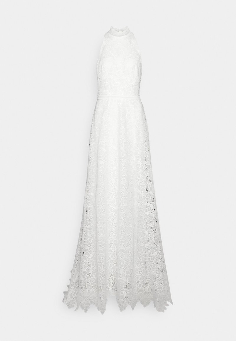 Vestido maxi de encaje en blanco, con un cuello alto, patrón floral, corsé ajustado y dobladillo con forma de ondas para mayor detalle.