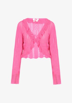 Roze gebreid vest met een cropped ontwerp, voorzien van een gerimpelde halslijn, lange mouwen en een open haakpatroon over het geheel.