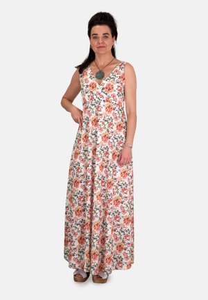 Vestido maxi floral con escote en V, presentando estampados coloridos de flores en rosa, naranja y verde sobre un fondo blanco.