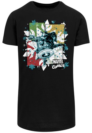 Musta puuvillainen T-paita, jossa on sarjakuvamaistyylinen painatus hahmoista sinisellä, valkoisella, punaisella, keltaisella ja vihreällä taustasuunnittelulla.