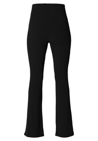 Pantalons évasés noirs à côtes avec une taille haute. Présentent une texture lisse et une silhouette ajustée, mettant en valeur une forme élancée.