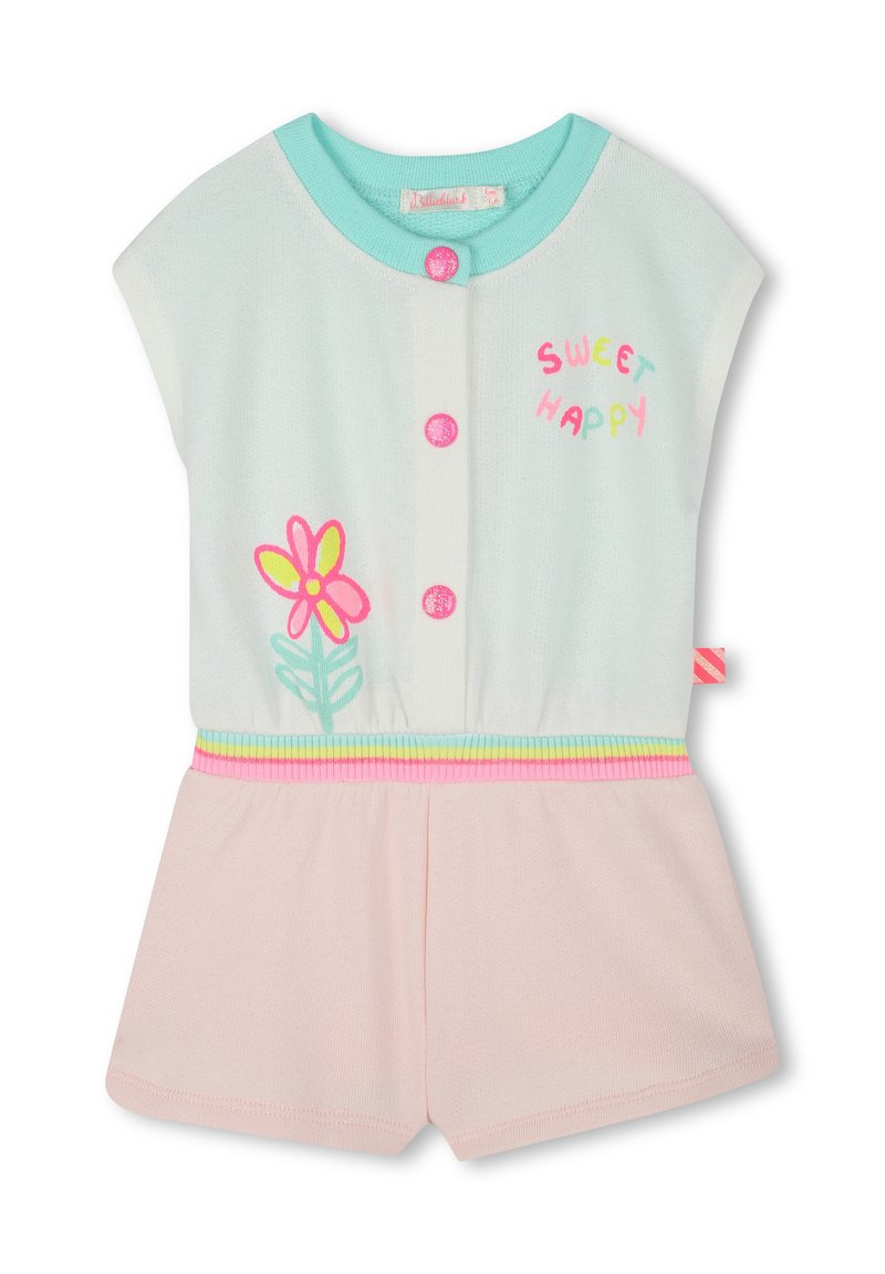 Lichtgroene short-sleeve romper met roze knopen, tekst "SWEET HAPPY", bloemenborduursel en een pastelroze onderkant met een multikleurige gestreepte tailleband.
