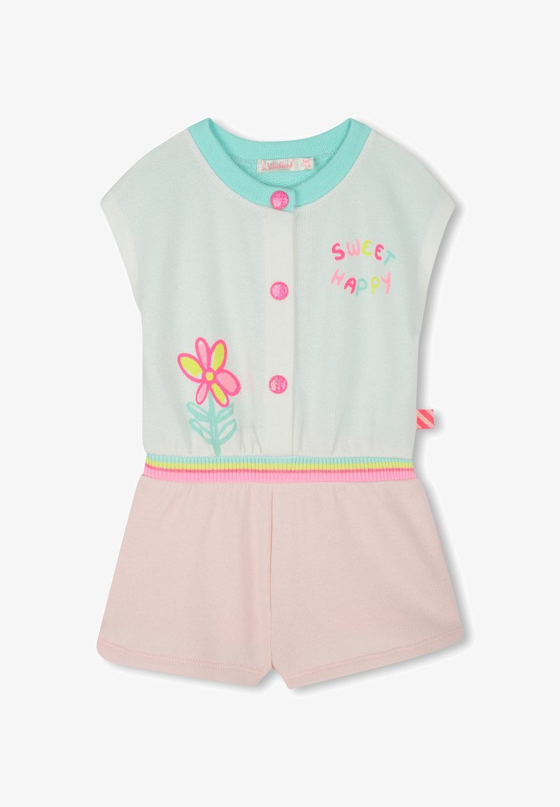 Lichtgroene short-sleeve romper met roze knopen, tekst "SWEET HAPPY", bloemenborduursel en een pastelroze onderkant met een multikleurige gestreepte tailleband.