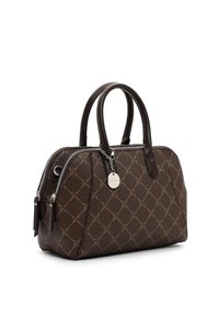 Bruine leren handtas met diamantpatroon stiksel, dubbele handvatten, twee met rits afgesloten compartimenten en een ronde zilveren merkbedel.