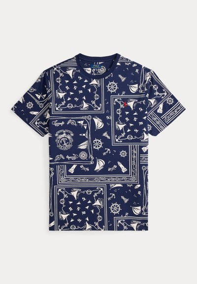 Camicia blu navy a maniche corte con stampa nautica bianca con barche a vela, ancore, timoni, bussole e fari.