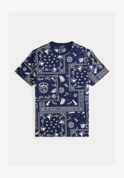 Camicia blu navy a maniche corte con stampa nautica bianca con barche a vela, ancore, timoni, bussole e fari.