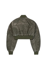 Skraćena maslinasto zelena bomber jakna od mekog, teksturiranog materijala. Ima rebraste manžete, okrugli ovratnik i bočnu džep sa detaljima šivanja.
