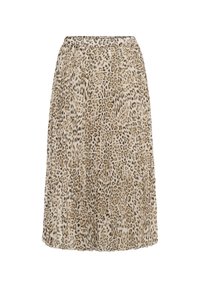 Leopardmønstret nederdel, midi-længde, letvægtsstof, plisseret design, neutrale beige og brune nuancer, elastisk talje for komfort.