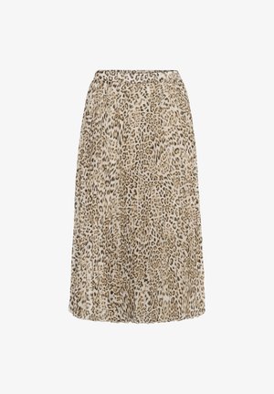 Leopardmønstret nederdel, midi-længde, letvægtsstof, plisseret design, neutrale beige og brune nuancer, elastisk talje for komfort.