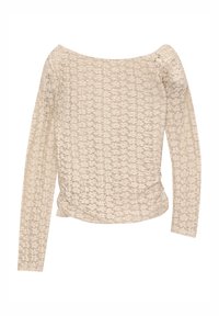 Top a maniche lunghe in pizzo beige chiaro con design off-shoulder e dettaglio arricciato sulla spalla. Tessuto morbido e testurizzato con motivo floreale.