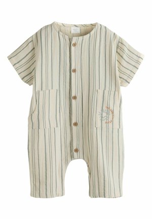 Bézs és szürke csíkos, rövid ujjú baba rugdalózó elöl gombokkal, két zsebbel és „hadd ragyogjon a nap” feliratú napocska hímzéssel az egyik zsebén.