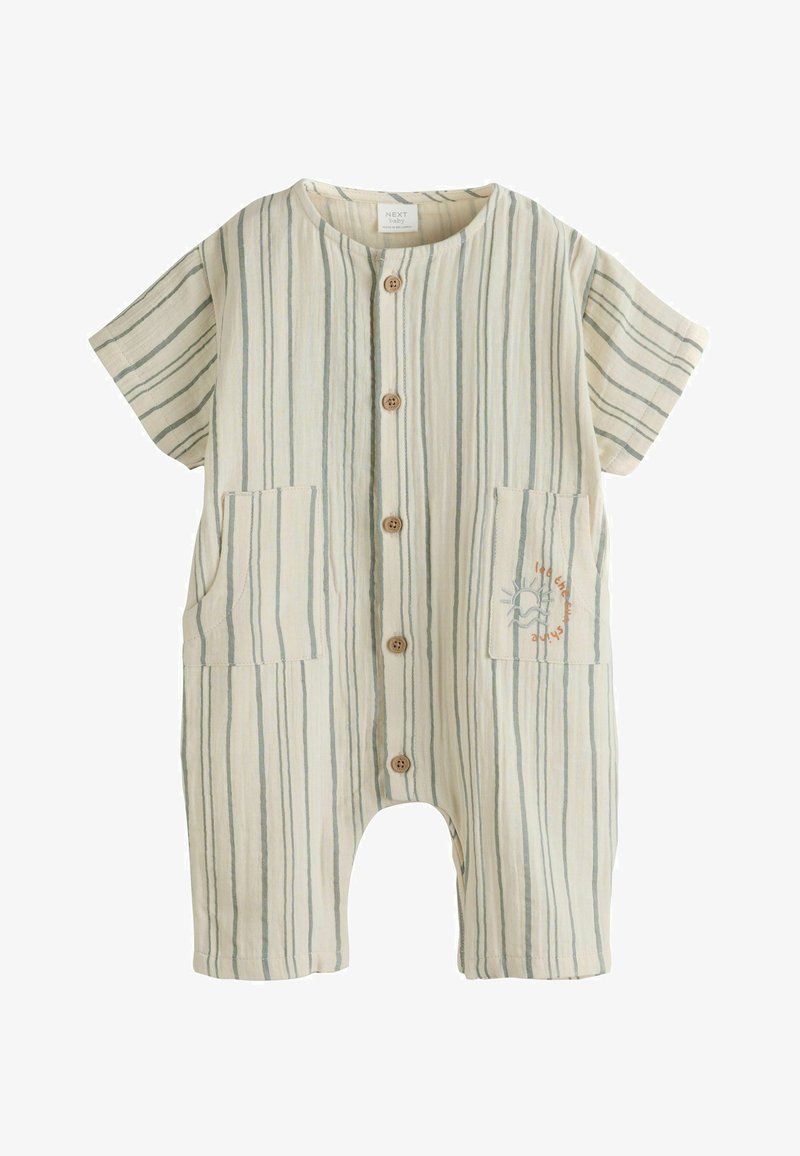 Grenouillère bébé à manches courtes beige et grise rayée avec boutons sur le devant, deux poches, et broderie de soleil avec le texte « laisse le soleil briller » sur une poche.