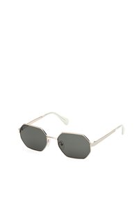 Gafas de sol octagonales con lentes oscuros, montura metálica dorada y patillas verde menta. Presentan sutiles acentos de hardware y un diseño elegante.