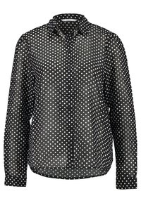 Black, long-sleeve shirt made of lightweight fabric with white polka dots. Features a button-down front and a classic collar.