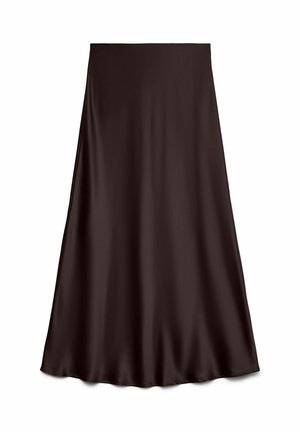 Jupe satin brown avec un design fluide et une texture lisse, doté d'une silhouette en A et d'un ourlet légèrement évasé en bas.