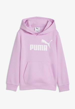 Svetlofioletna majica s kapuljačom s prednjim džepom i bijelim Puma logotipom i tekstom na prsima.
