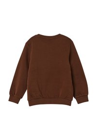 Bruine katoenen sweatshirt met een ronde halslijn, elastische manchetten en een gathering aan de onderkant. Vloeiende textuur, casual pasvorm, effen kleur.