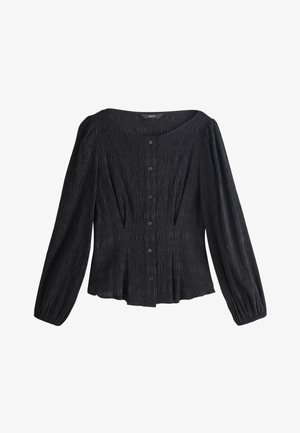 Schwarze langärmelige Bluse mit Knöpfen, strukturierter Stoff, rundem Ausschnitt, tailliert und leicht ausgestelltem Saum.