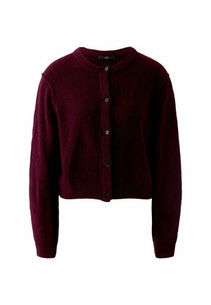 Burgunderfarbene, kurz geschnittene Strickjacke aus weichem Material, mit Rundhalsausschnitt, Knopfverschluss und gerippten Bündchen für Textur und Detail.