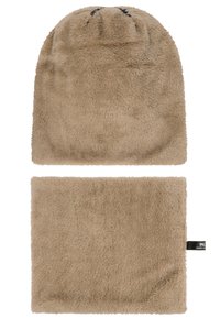 Beige faux fur beanie with a soft, textured surface and a gather top. Includes a matching rectangular neck warmer with a fabric tag.