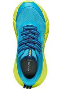 Sneaker in rete blu con accenti gialli, dotata di un colletto imbottito, punta rotonda e suola spessa. I lacci sono di un blu scuro con un'etichetta del marchio.