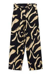 Pantalons larges à motif noir et crème avec une ceinture à nouer, arborant des rayures abstraites et un tissu texturé. Comprend des poches latérales.